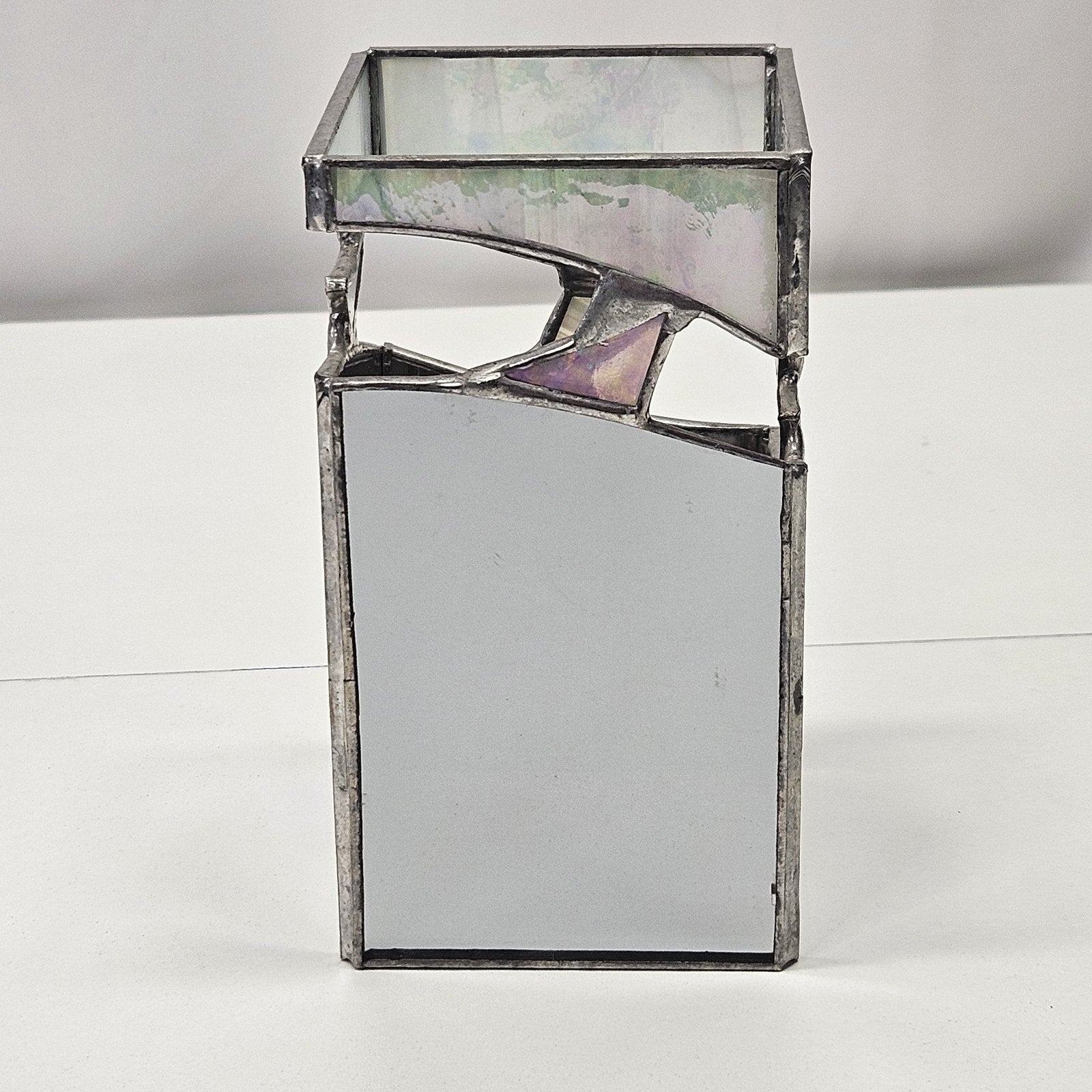 Vintage Leaded Beveled Stained Glass Candle Holder Votive Open Bottom Abstract