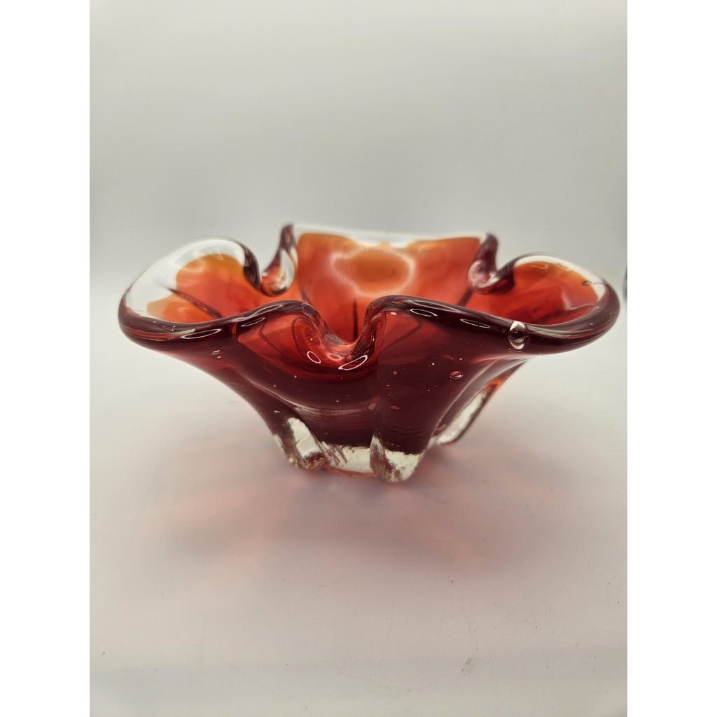 Murano Glass Ashtray Vintage Red Orange Trinket Dish Bowl Bohemian Style 1960's