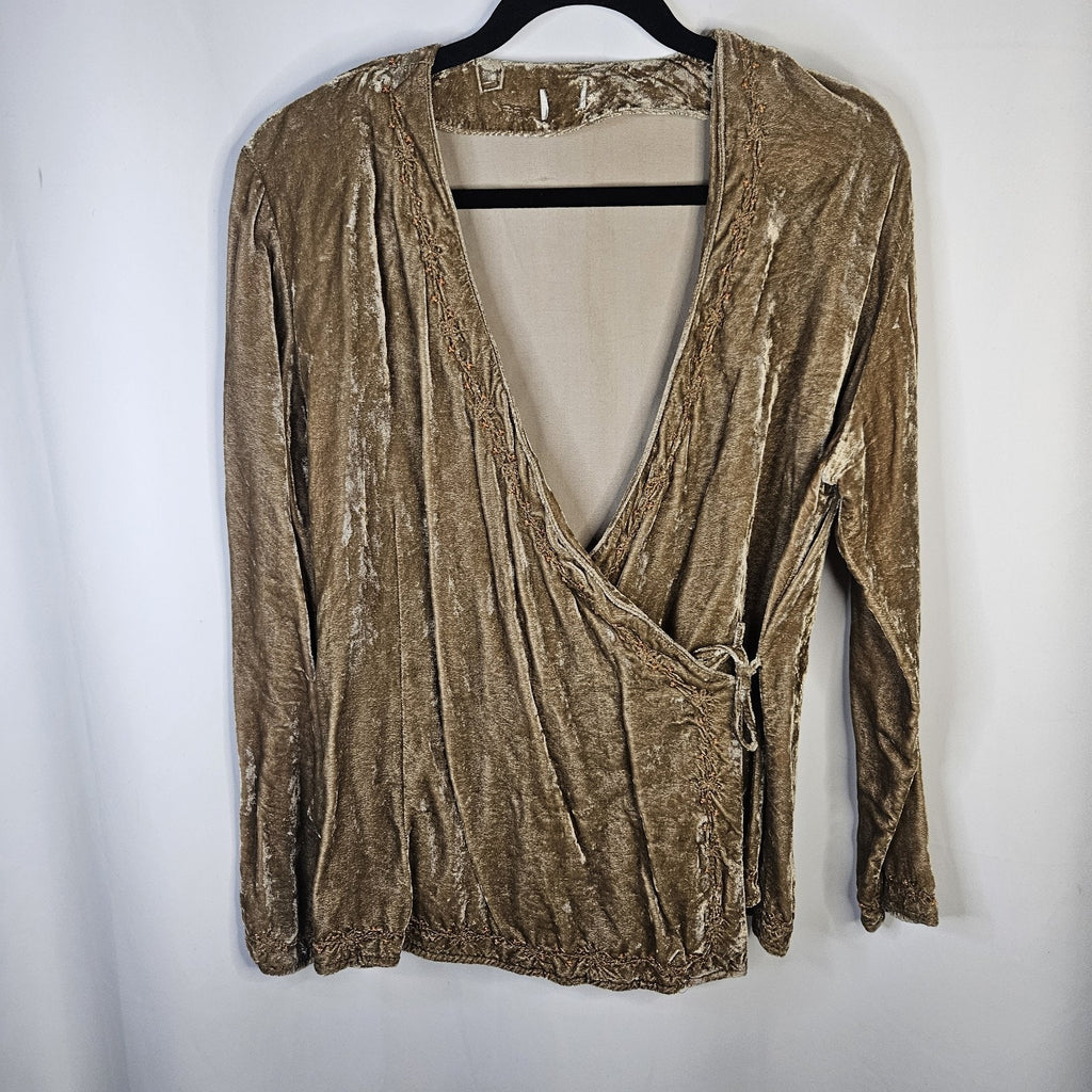 Women’s Golden Brown Crushed Velvet Wrap Top Size XL Retro Boho Fairy Peasant