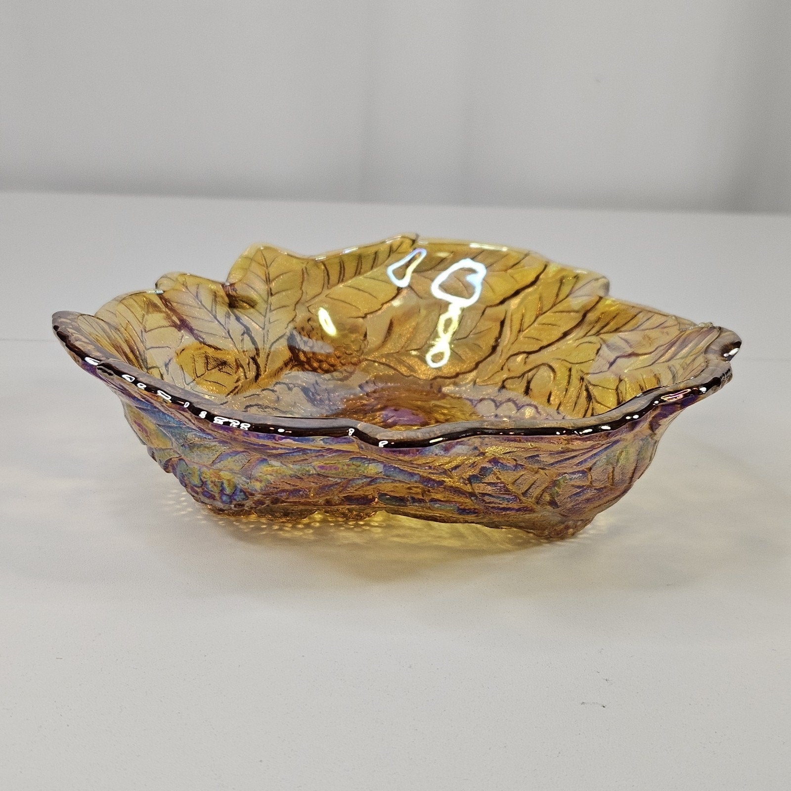 Vintage Carnival Glass Bowl Electric IRIDESCENT MARIGOLD Berries Triangle Dish