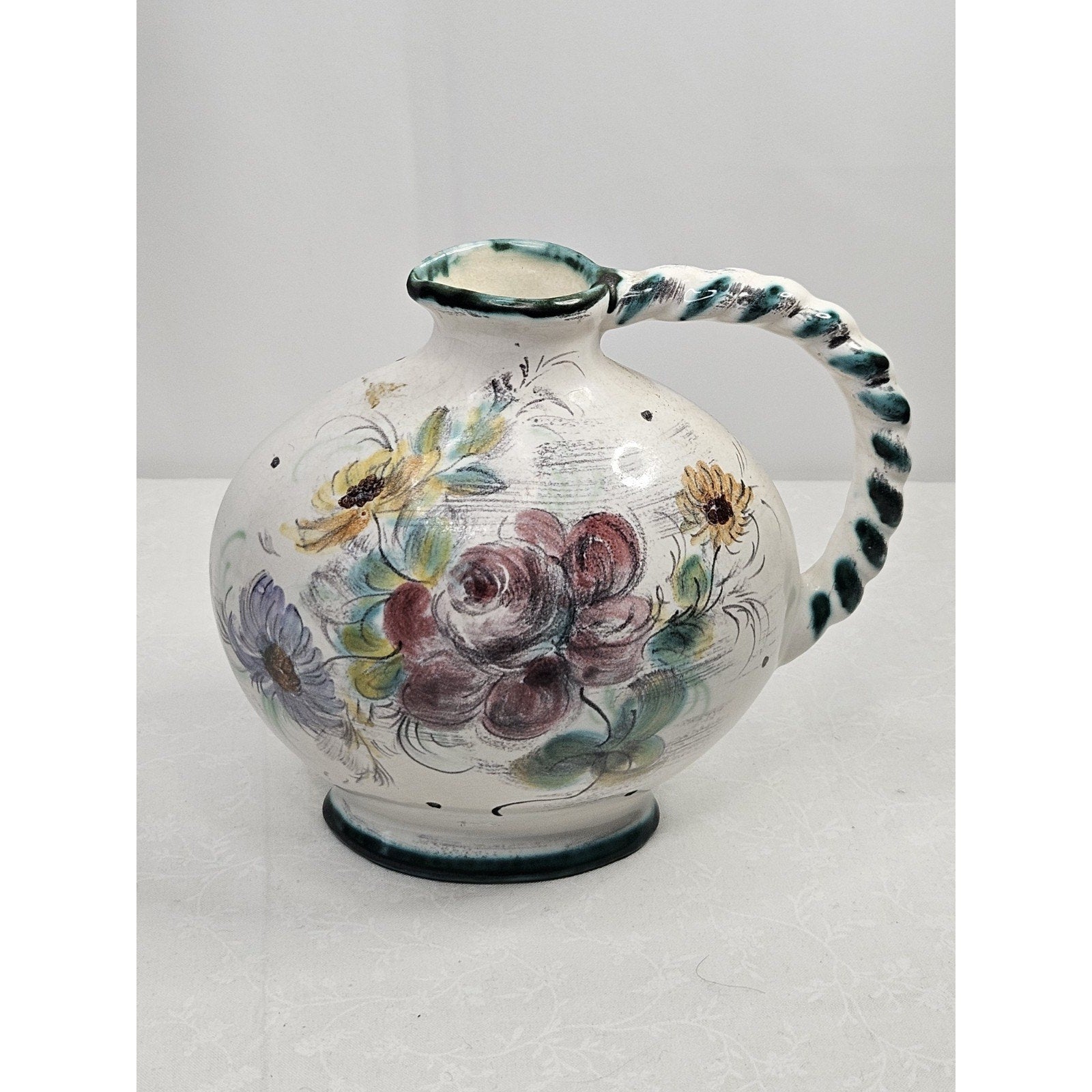 Vintage Ulmer Keramik Floral Pitcher Mid Century Pottery Germany #206