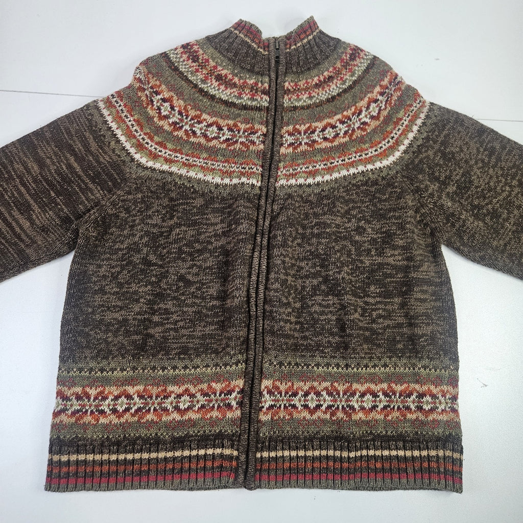Vintage Y2K 2000s Fair Isle Ski Sweater Cardigan Womens XL Full Zip Green Brown