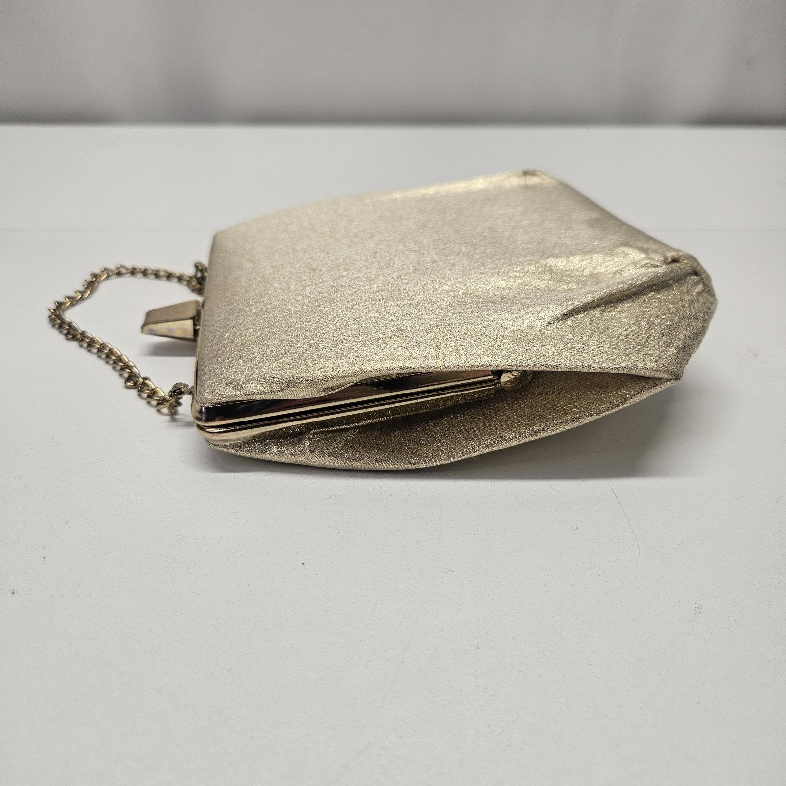 Vintage MCM Shiny Gold Metallic Purse Chain Strap Clutch Evening Bag Mod Wedding