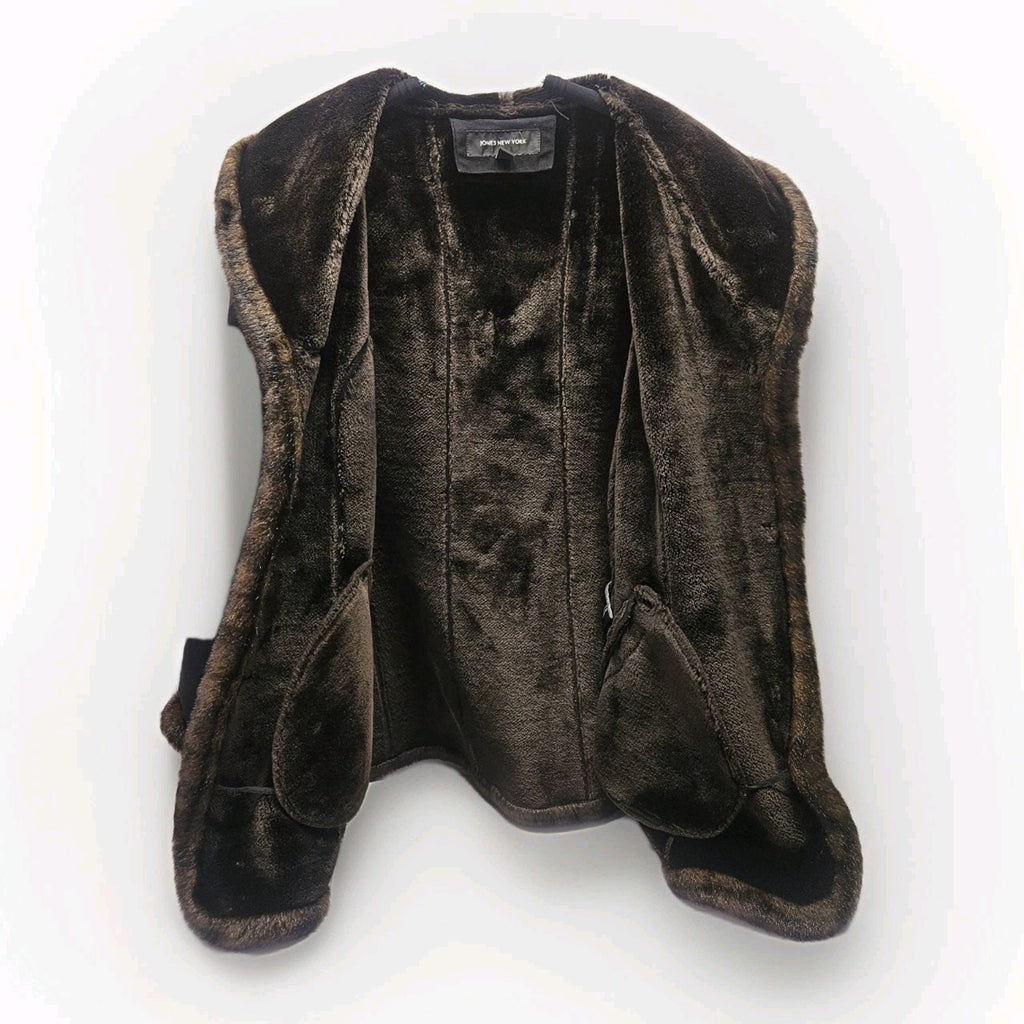 Vtg Y2K Jones New York Womens XL Black Faux Suede Coat Faux Fur Trim Retro Style