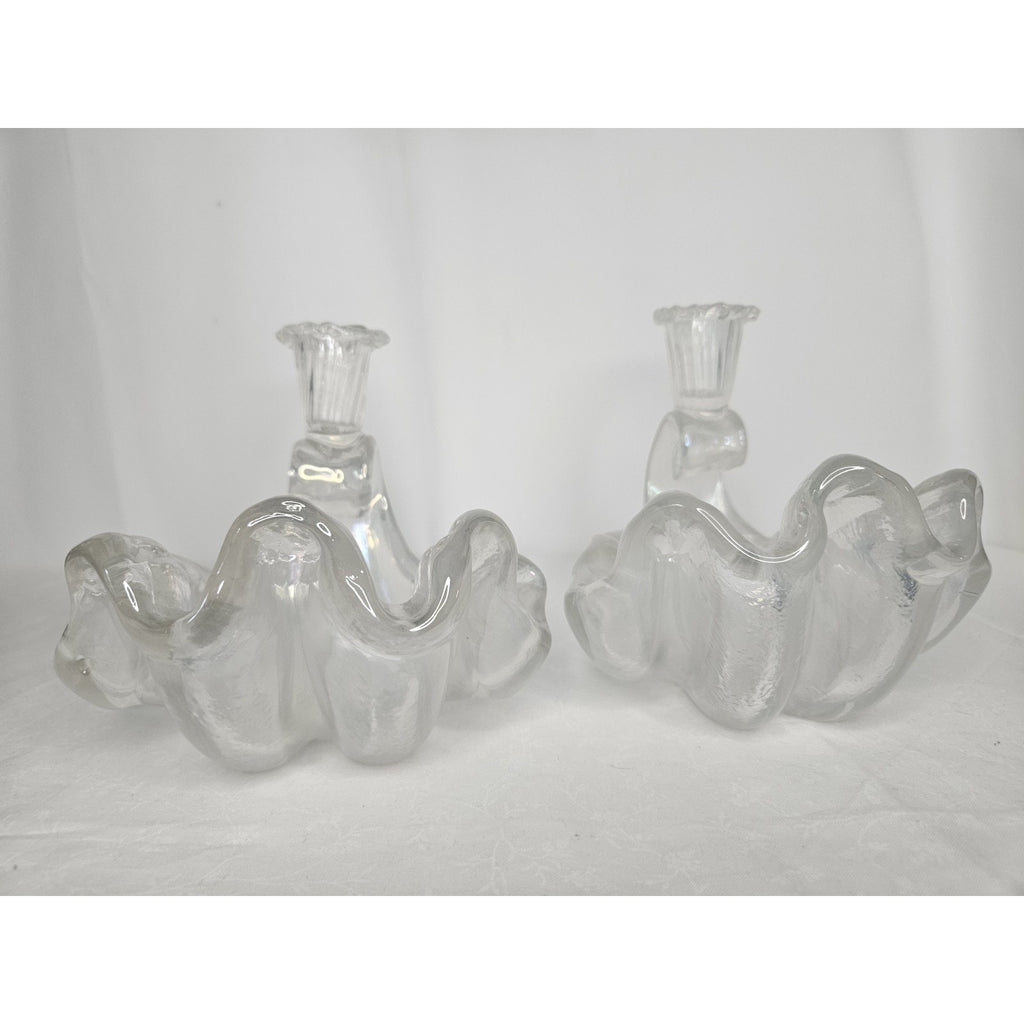 Vtg Murano Barovier Glass Ribbed Shell Candle Stick Holder Iridescent Bowl Set 2