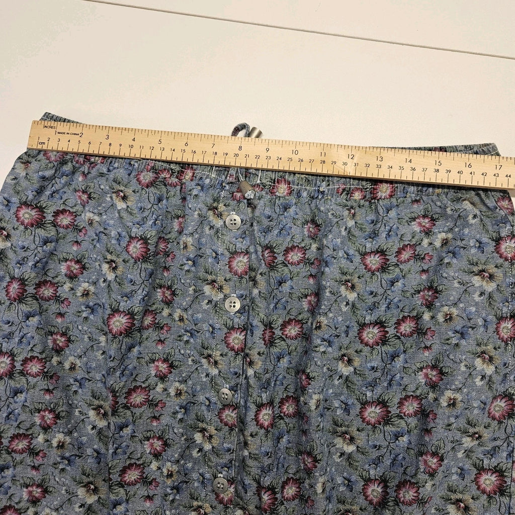 Vtg Y2K Denim Floral 100% Cotton Button Front XL Midi Skirt Pockets New Look