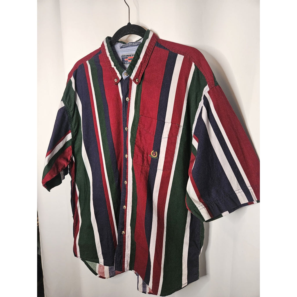 Colorwear America Button Up Shirt Adult Green Red White Stripped Short Sleeve XL