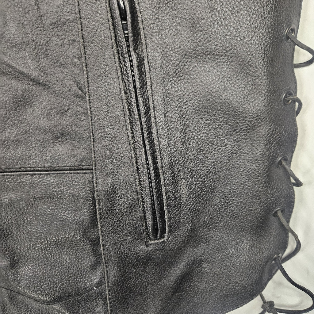 Jafrum Motorcycle Biker Black Leather Vest Side Laces Mens XL Inner Zip Pockets