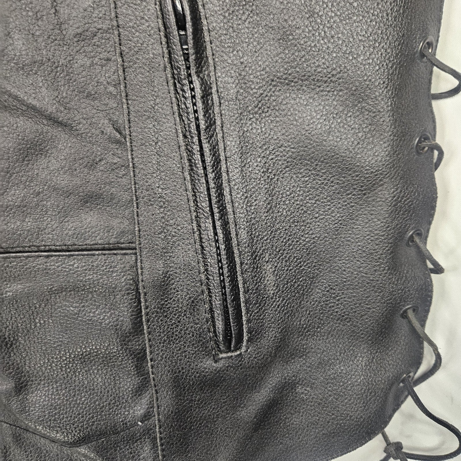 Jafrum Motorcycle Biker Black Leather Vest Side Laces Mens XL Inner Zip Pockets