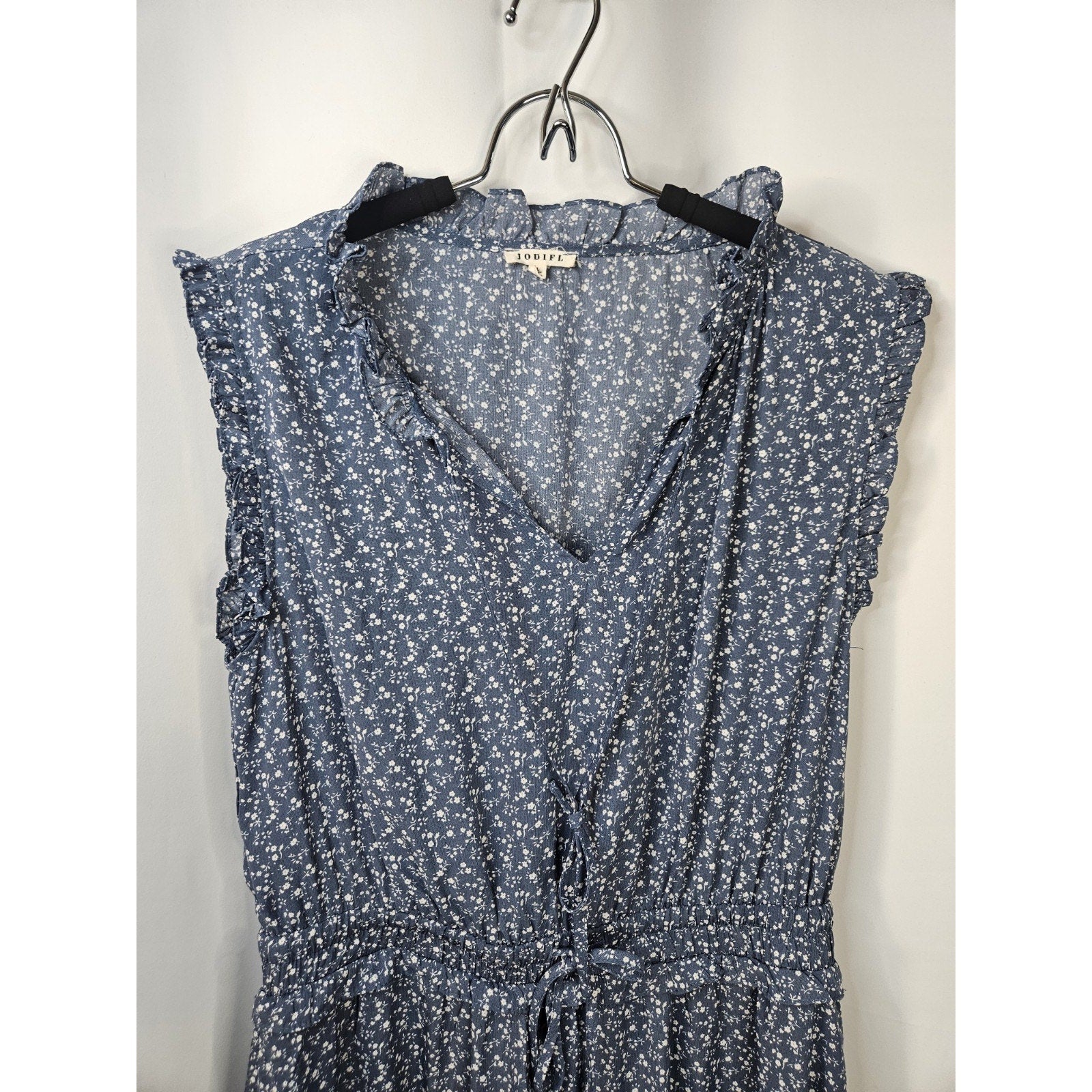 Jodifl Dress Navy L Ruffle Floral V-Neck Mini Lined Cottagecore Flutter Sleeve