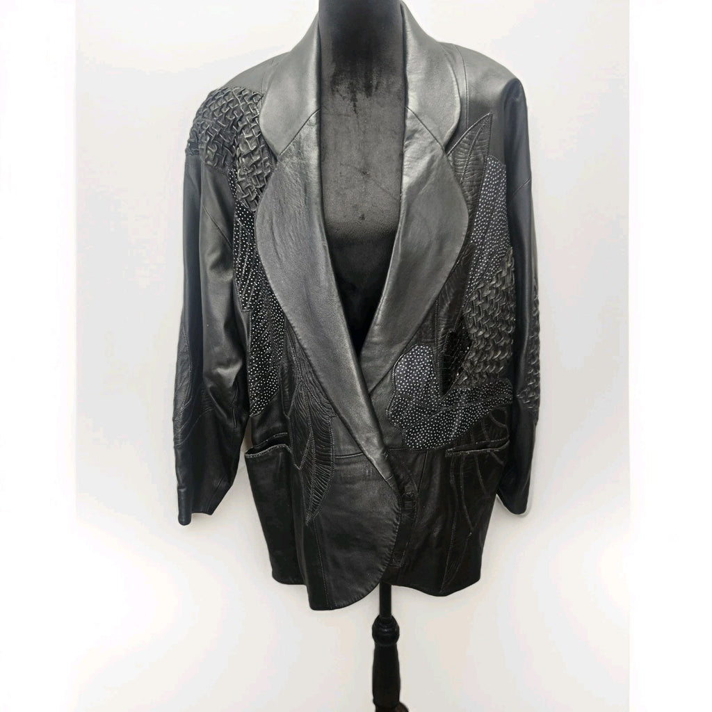 Unique 80s Oversized Black Leather Jacket Patchwork Blazer Medium Edgy Glam Vtg