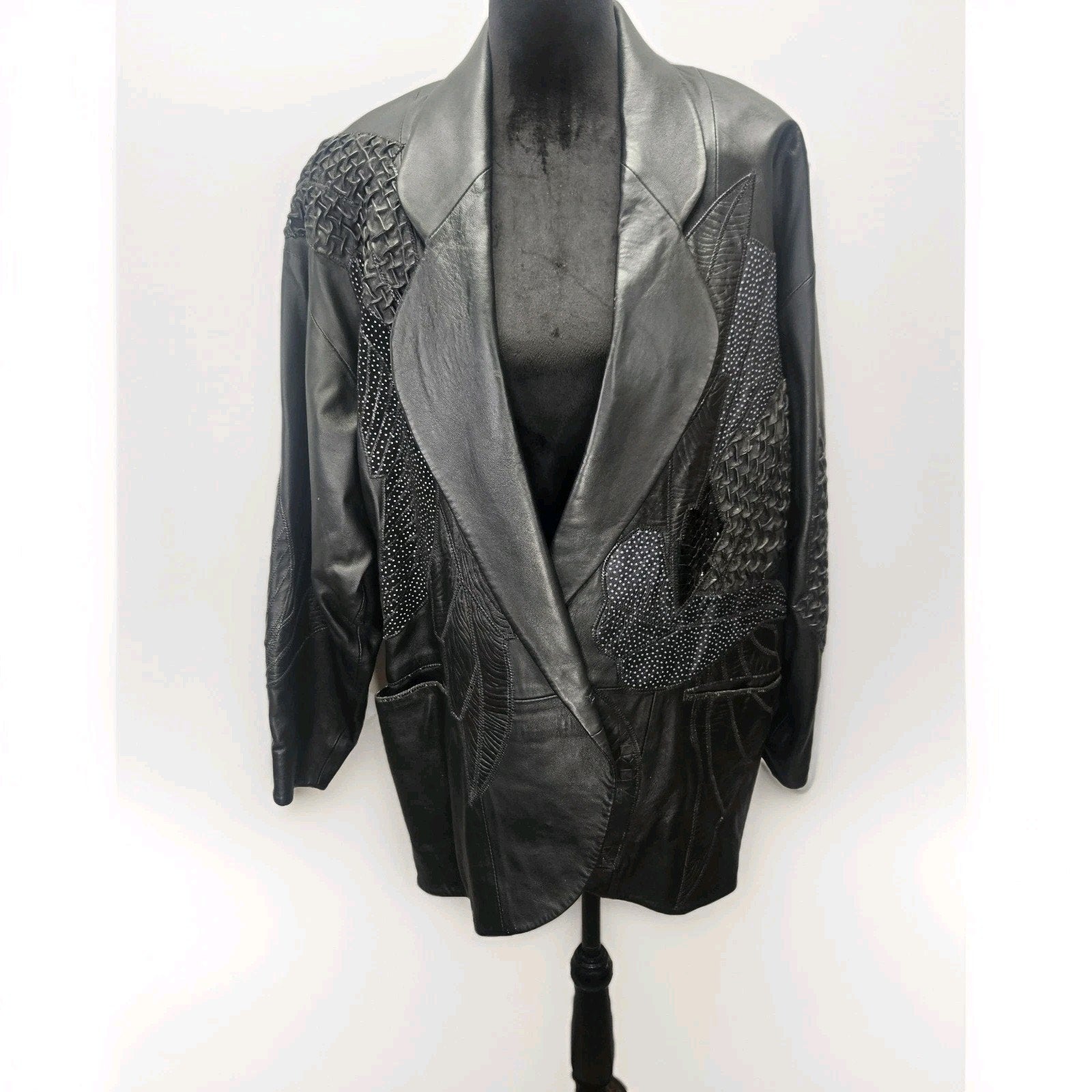 Unique 80s Oversized Black Leather Jacket Patchwork Blazer Medium Edgy Glam Vtg