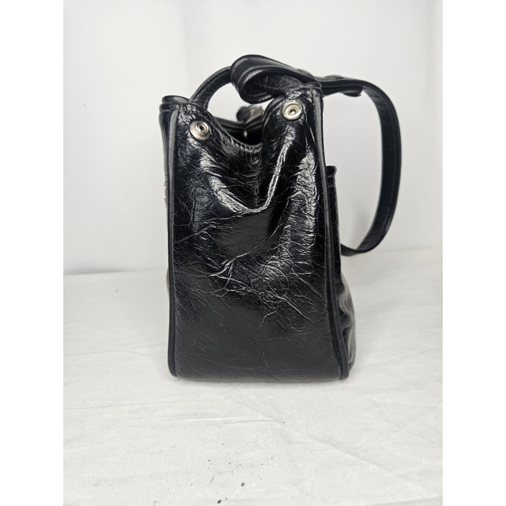 Vintage 70s Handmade Black Leather Tote Handbag Purse Shoulder Bag