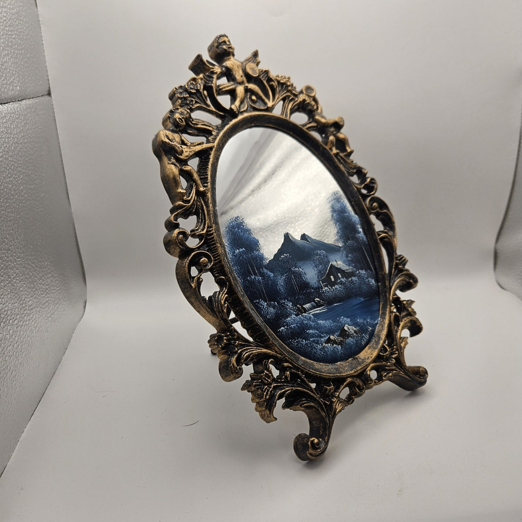 Vintage Hand Painted Mirror Mountain Cabin Creek Scene Signed J Graham