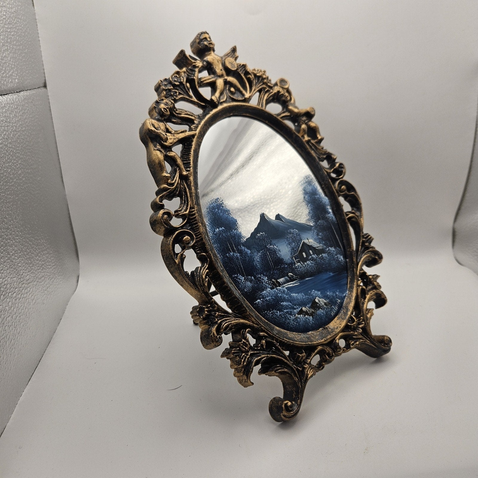 Vintage Hand Painted Mirror Mountain Cabin Creek Scene Signed J Graham