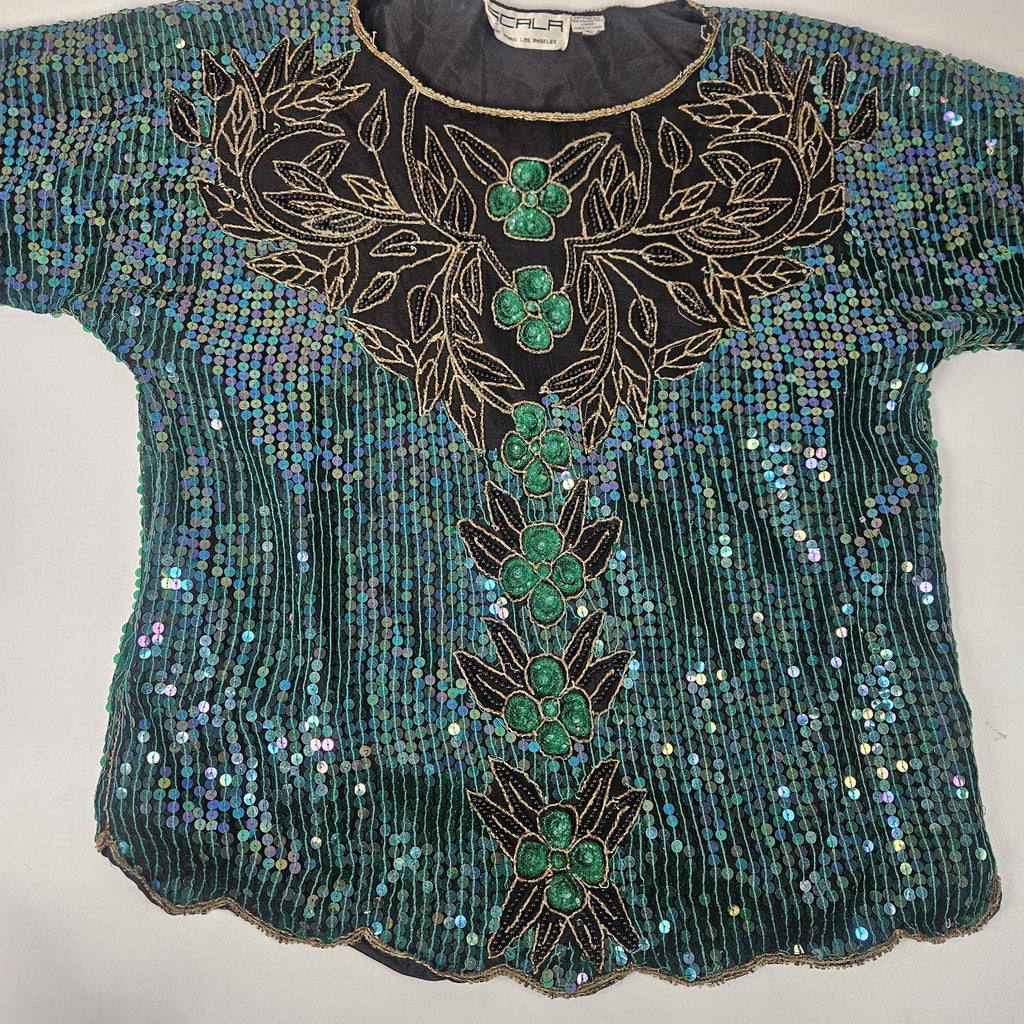 Vtg 90s Blue Green Sequin Beaded Silk Formal Top Party Y2K Gatsby Glam Sz Large