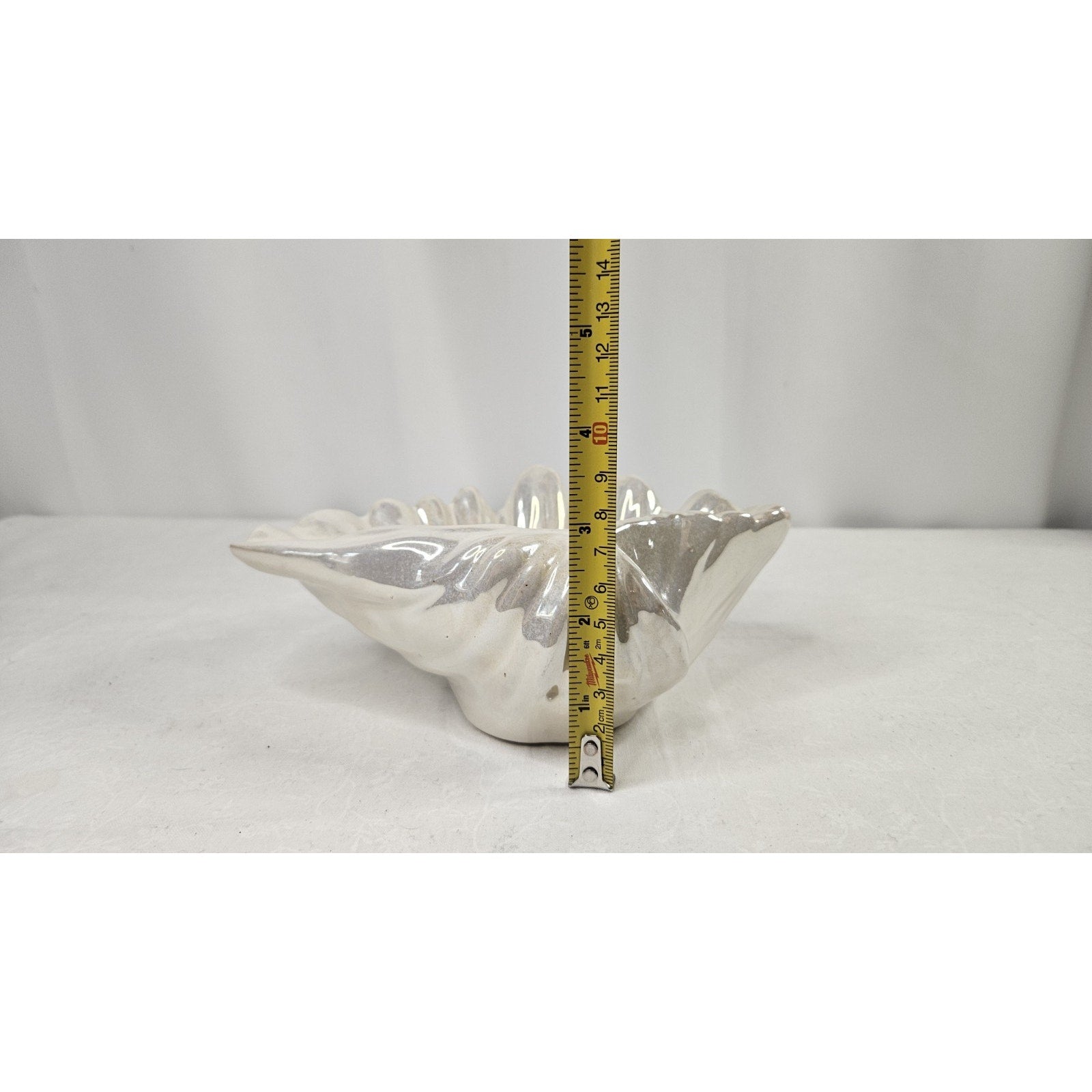 Hand Blown Opalescent Shell Art Glass Bowl White Rainbow Mid Century Beach