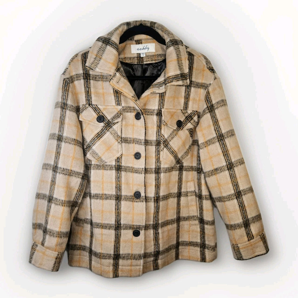 Sebby Wool Blend Plaid Shacket Brown Satin Lined Cozy Button Closure Medium