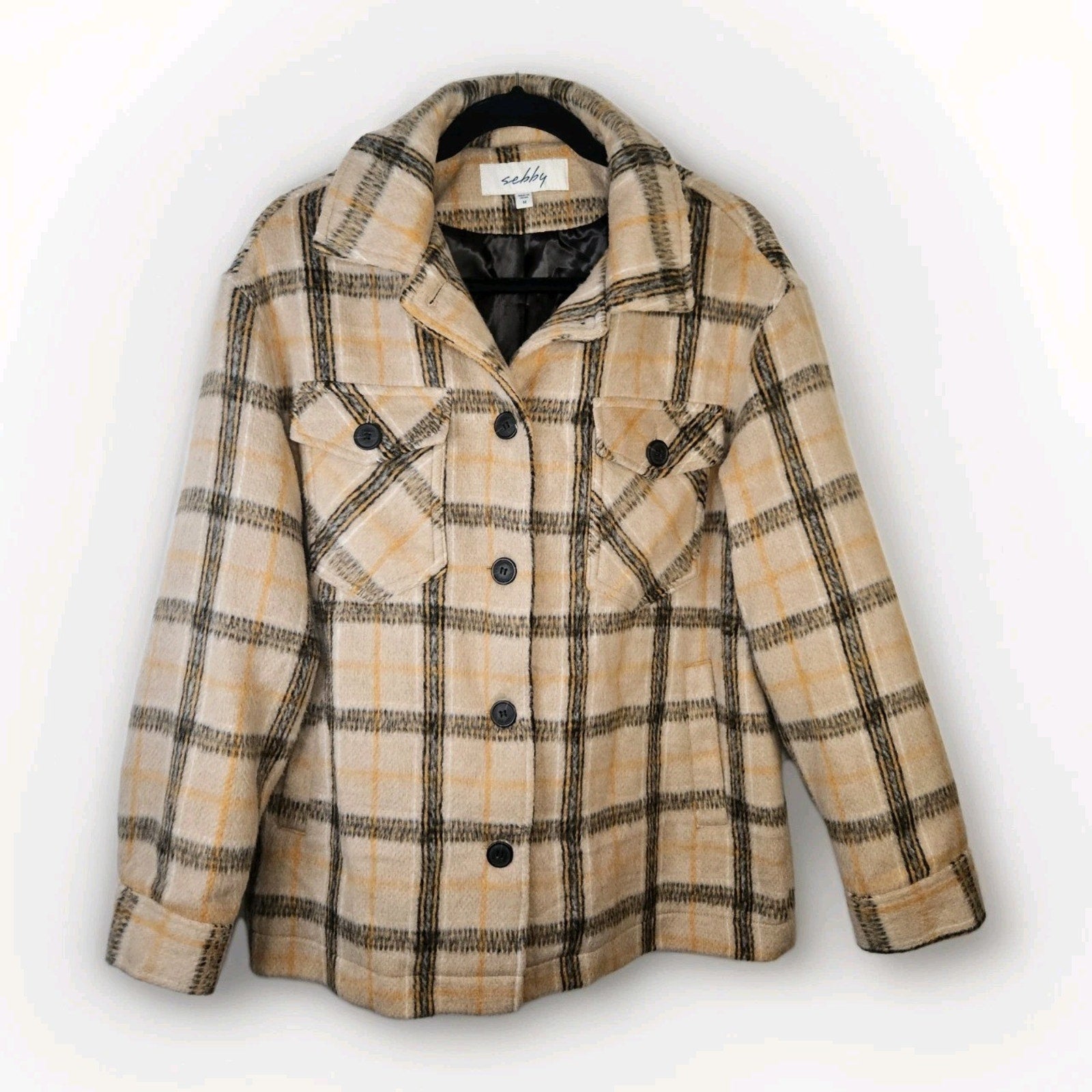 Sebby Wool Blend Plaid Shacket Brown Satin Lined Cozy Button Closure Medium