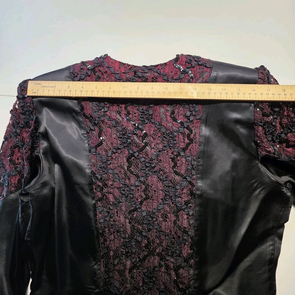 Vintage 1980s Skirt Suit Black Satin Peplum Jacket Blazer Embellished Lace Sz 14