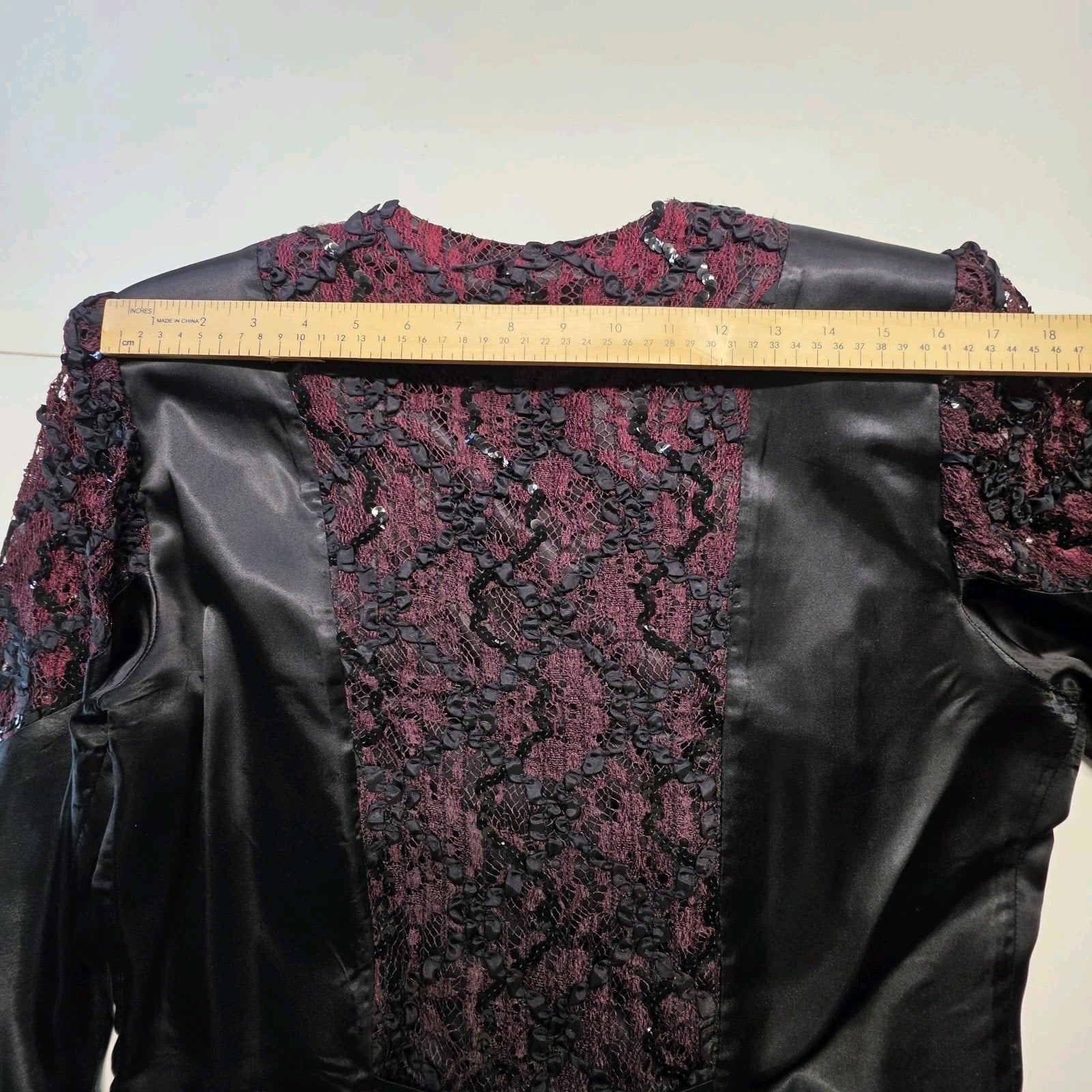 Vintage 1980s Skirt Suit Black Satin Peplum Jacket Blazer Embellished Lace Sz 14