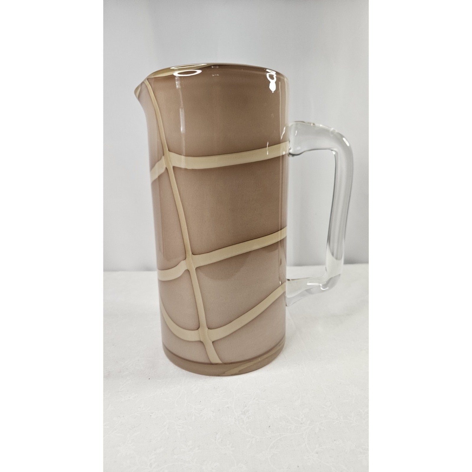Vintage MCM Hand Blown Glass Pitcher w Handle Nude w Cream Swirls Glass Art