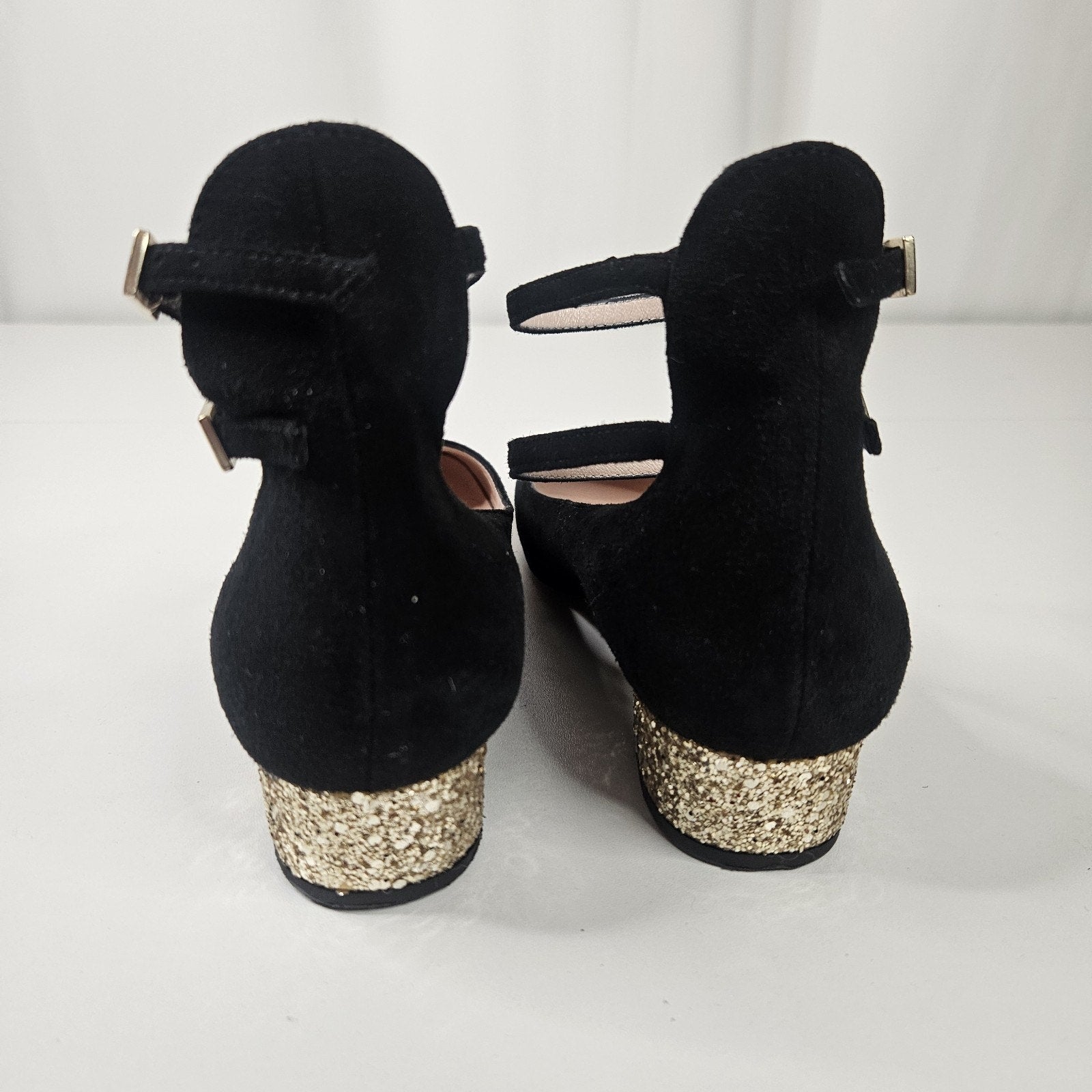 Kate Spade Black Mary Jane Suede Gold Glitter Block Shoe 6M Dbl Strap Square Toe