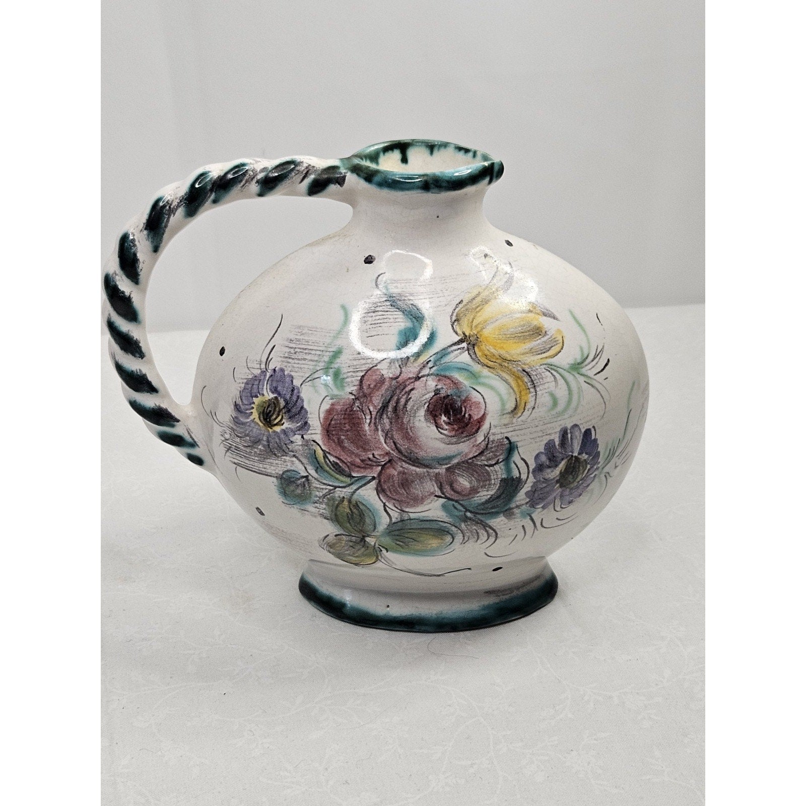 Vintage Ulmer Keramik Floral Pitcher Mid Century Pottery Germany #206
