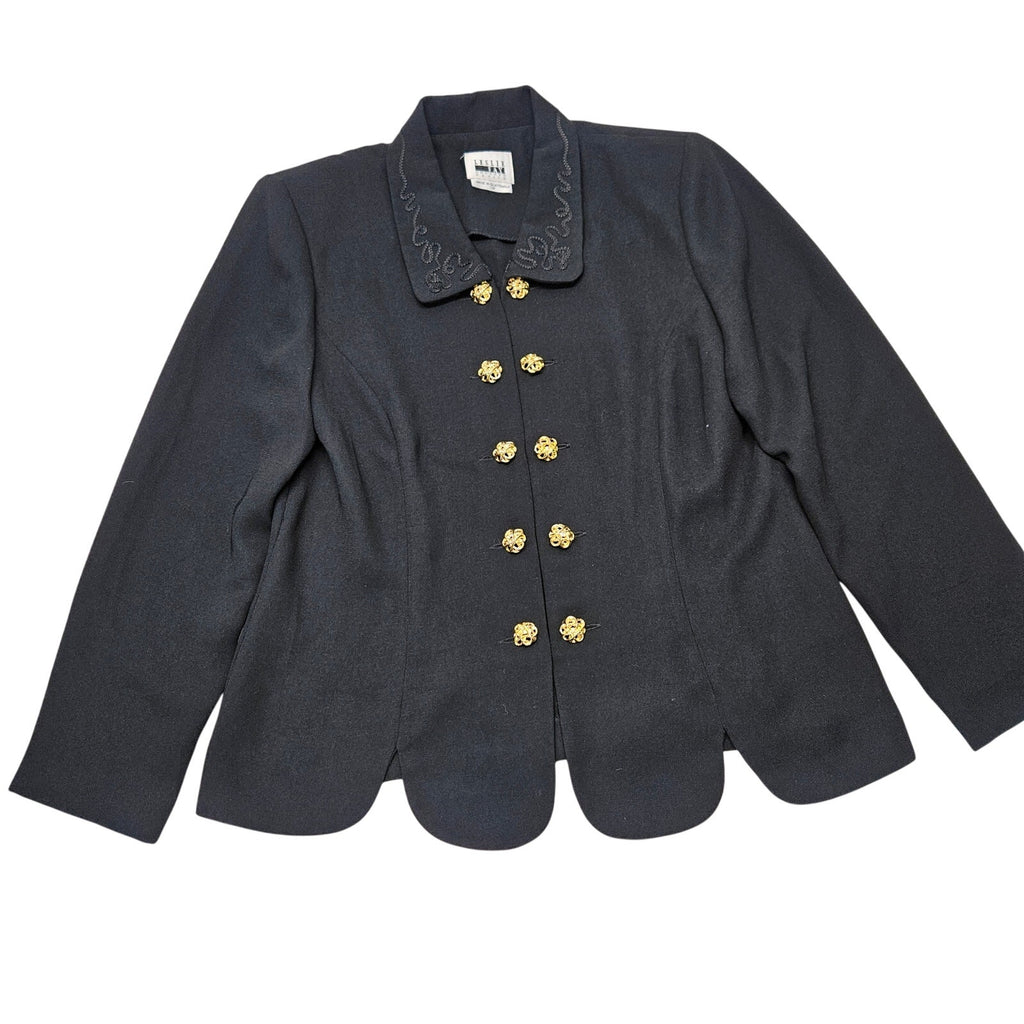 Vintage 90s Leslie Fay Women's Black Double Breasted Blazer Blouse 14 Petite