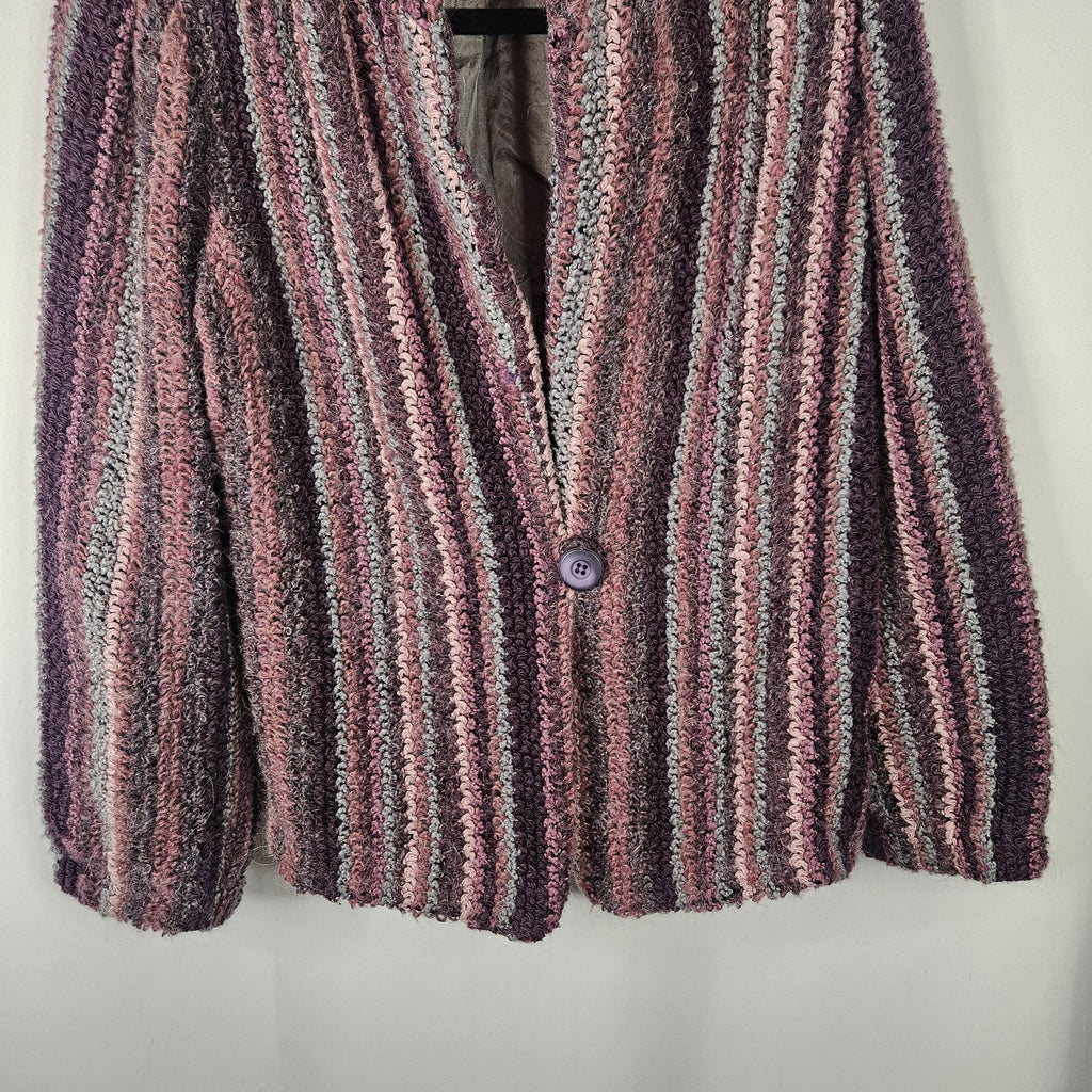 Vtg 80s Boucle Cardigan Purple Pink Lambswool Mohair Blend Knit Blazer Large 12