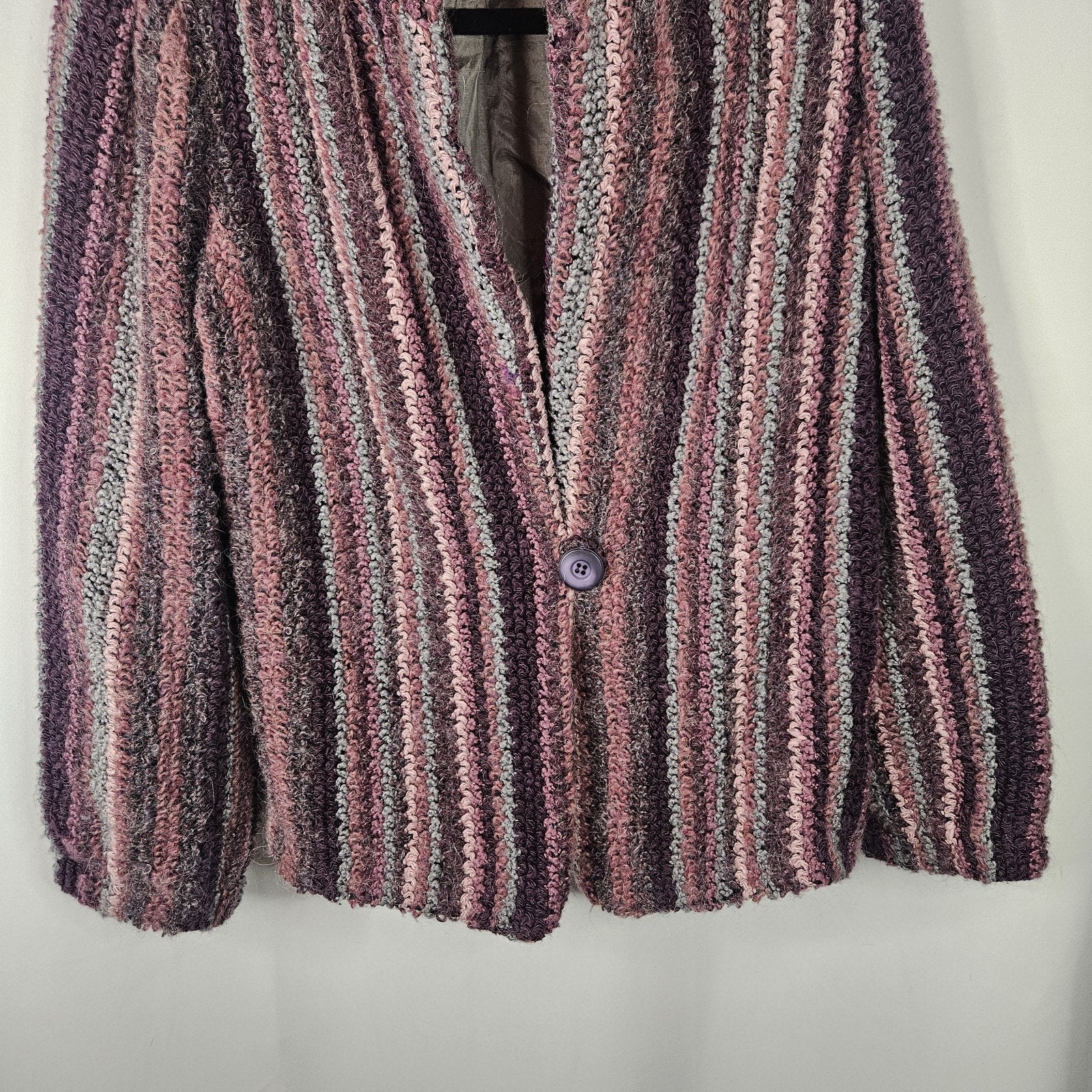 Vtg 80s Boucle Cardigan Purple Pink Lambswool Mohair Blend Knit Blazer Large 12