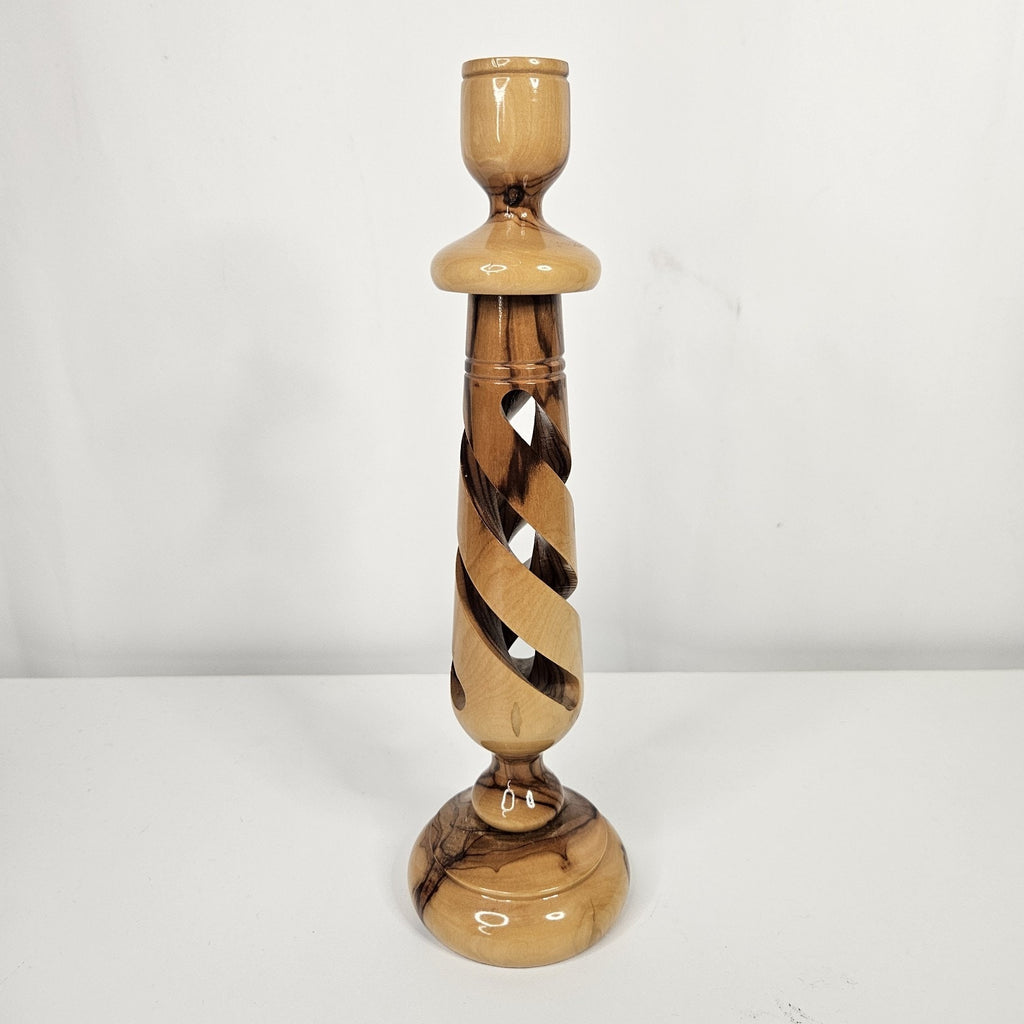 Olive Wood 10" Candle Stick Holder Hollow Spiral MCM Rustic Boho