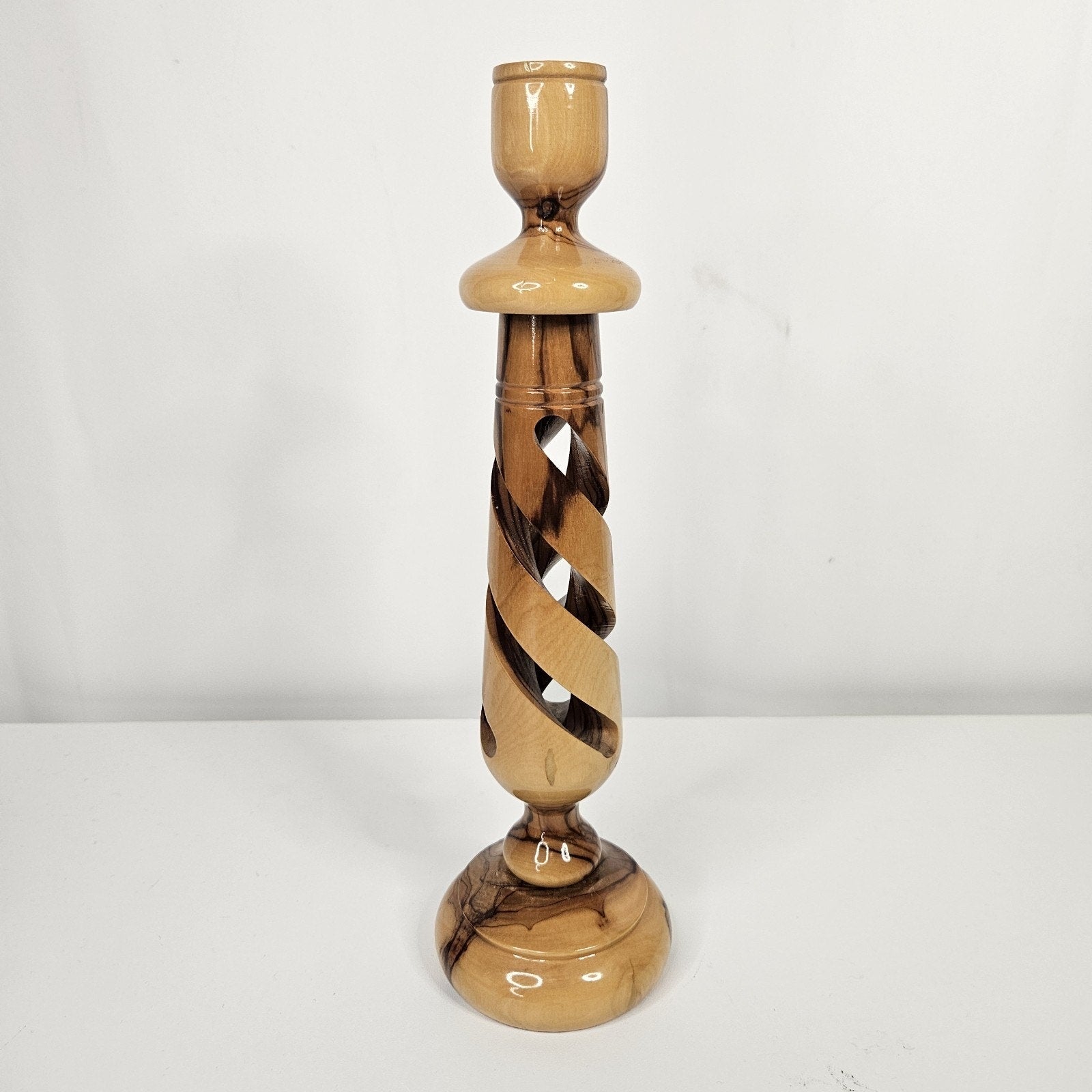 Olive Wood 10" Candle Stick Holder Hollow Spiral MCM Rustic Boho
