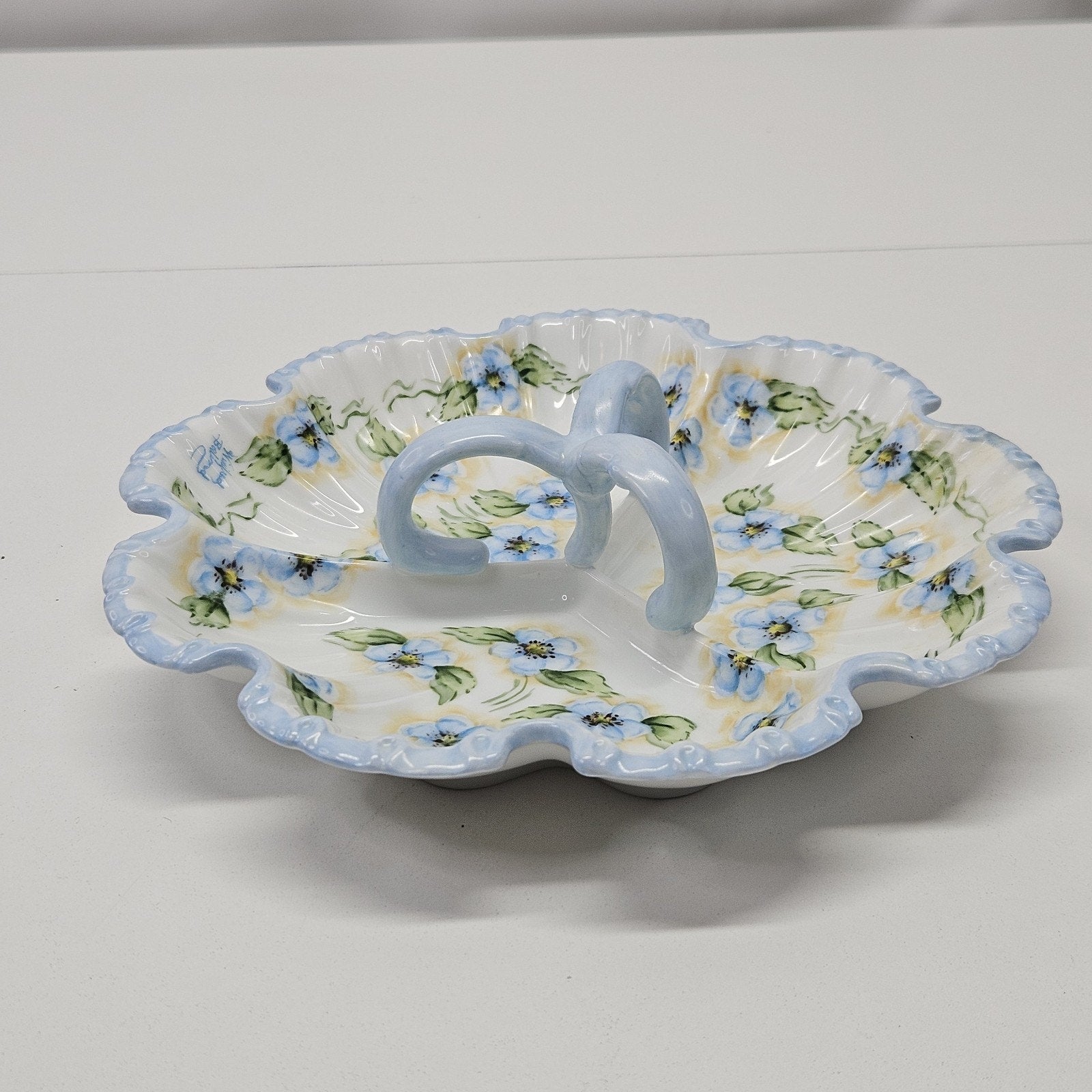 Vtg Forget-Me-Not Hand-Painted Porcelain Dish Trinket Tray Fairy Cottage Shabby