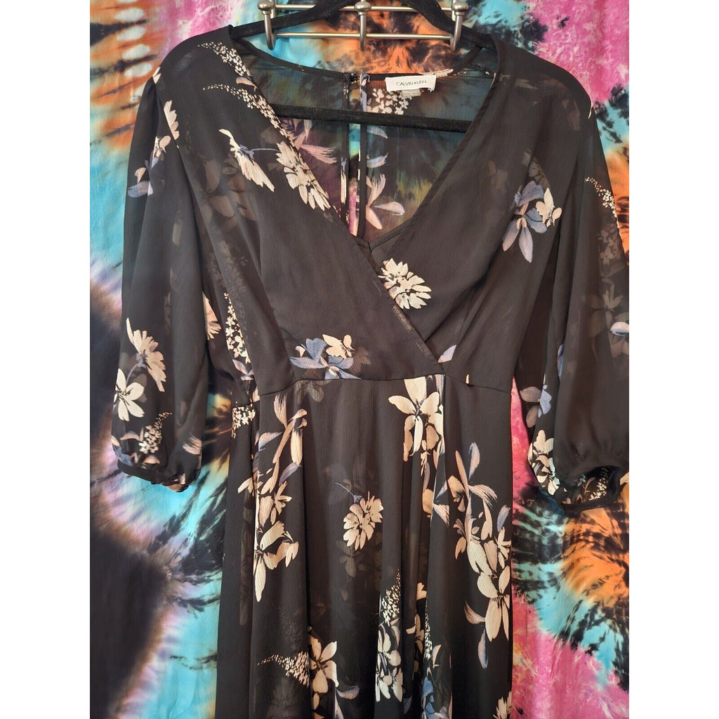 Calvin Klein Black Floral Chiffon Overlay Hi Low Flowy Sz 4 Mid Length Dress