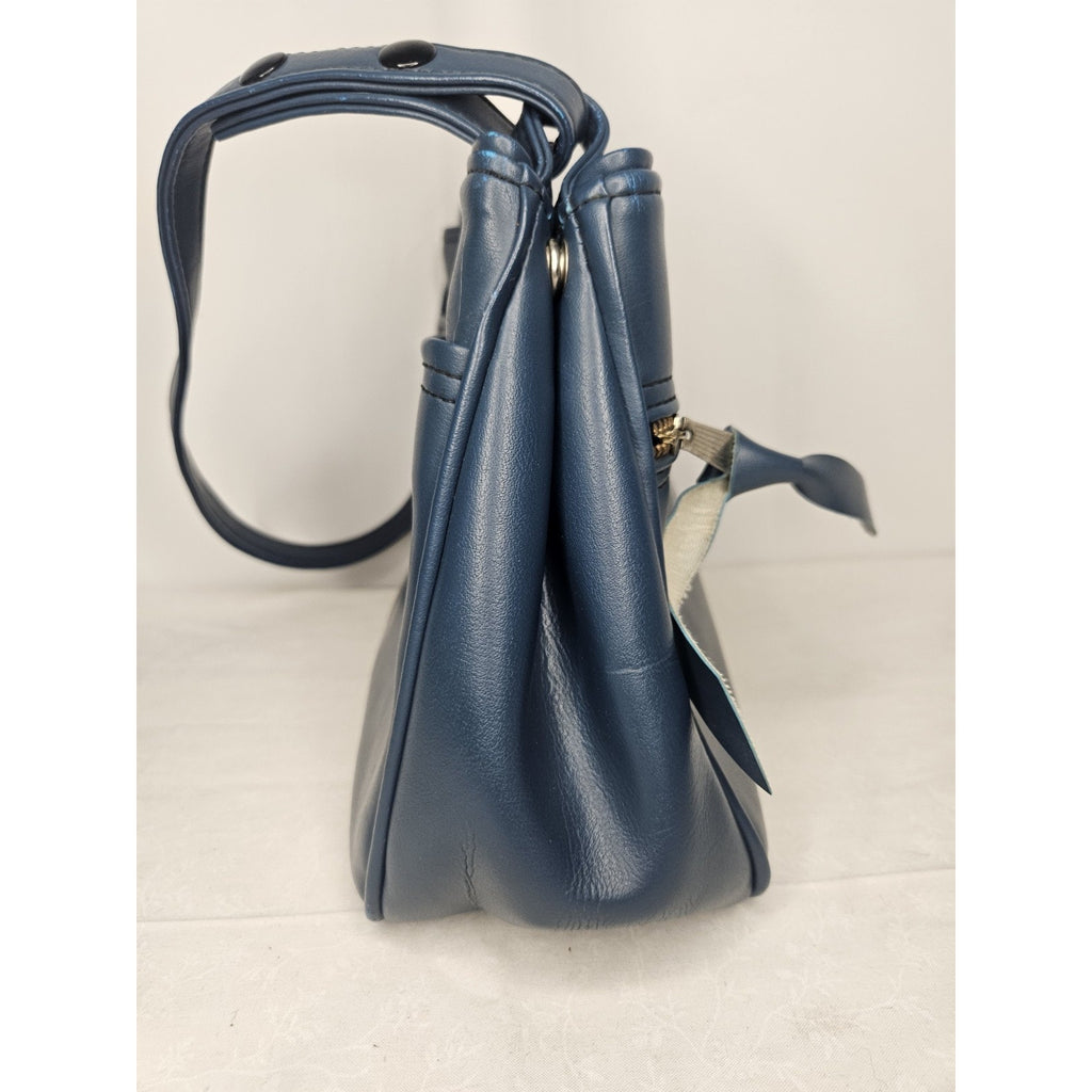 Vintage 70s Handmade Blue Leather Tote Handbag Purse Shoulder Bag Classic