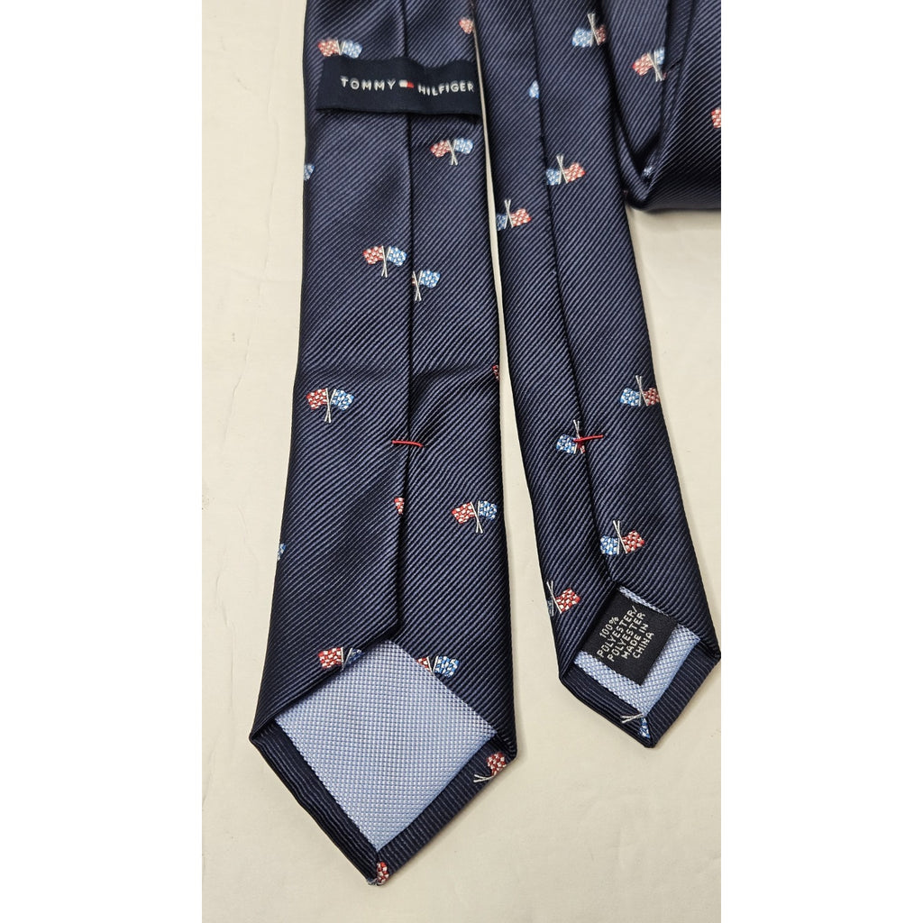 Tommy Hilfiger Boys Racing Neck Tie Polyester Blend Navy Blue Flags