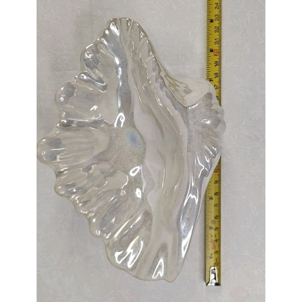 Hand Blown Opalescent Shell Art Glass Bowl White Rainbow Mid Century Beach