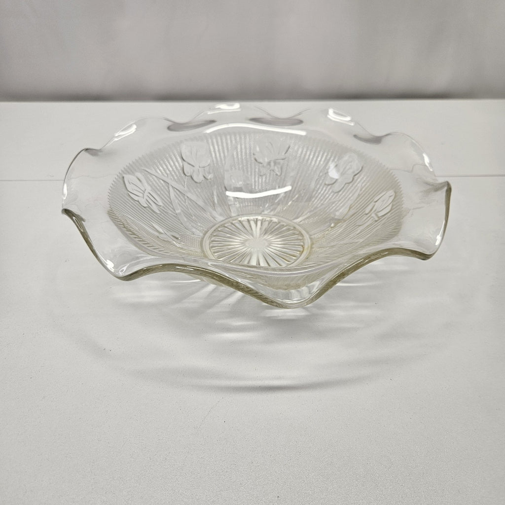 Vintage Iris and Herringbone Jeanette Glass Bowl Fluted Edge Retro Clear Glass