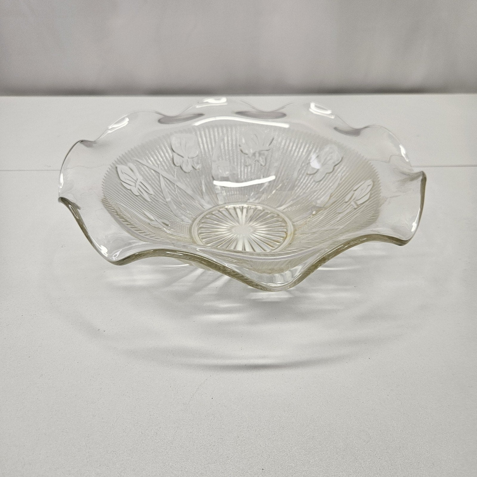 Vintage Iris and Herringbone Jeanette Glass Bowl Fluted Edge Retro Clear Glass