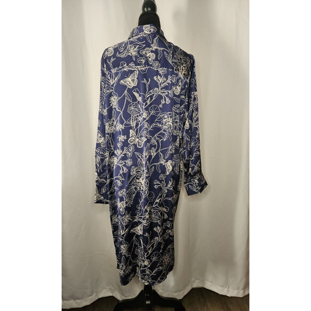OPHELIA ROE Blue Floral Lightweight Satin Button Knee Length Dress w/o Belt XL