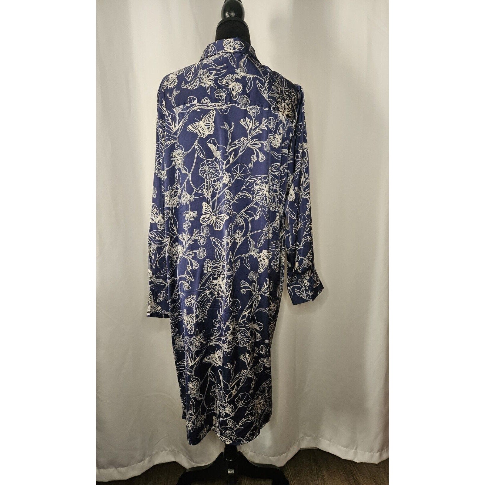 OPHELIA ROE Blue Floral Lightweight Satin Button Knee Length Dress w/o Belt XL