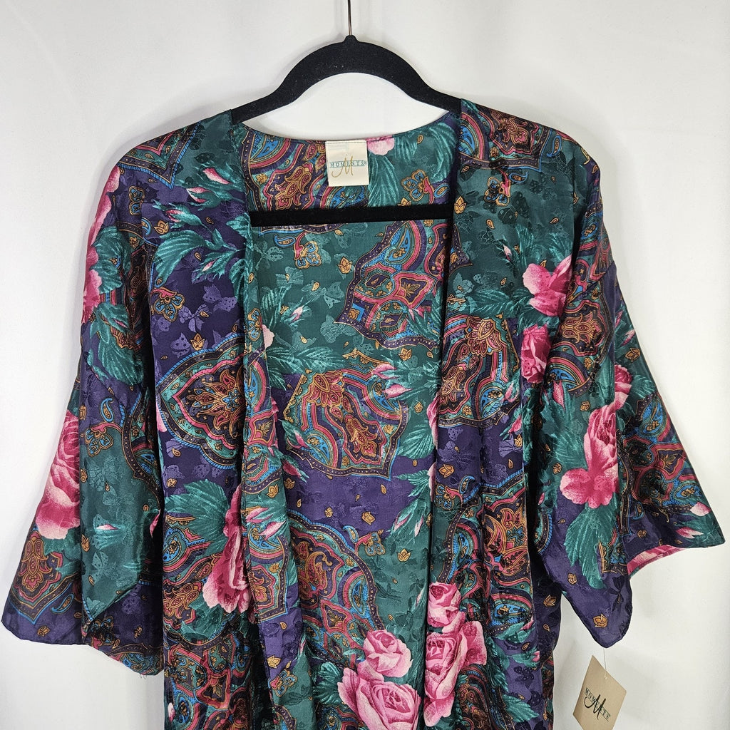 Vintage Floral Satin Robe XL Midi Robe Kimono Nightwear 90s NWT Missing BELT