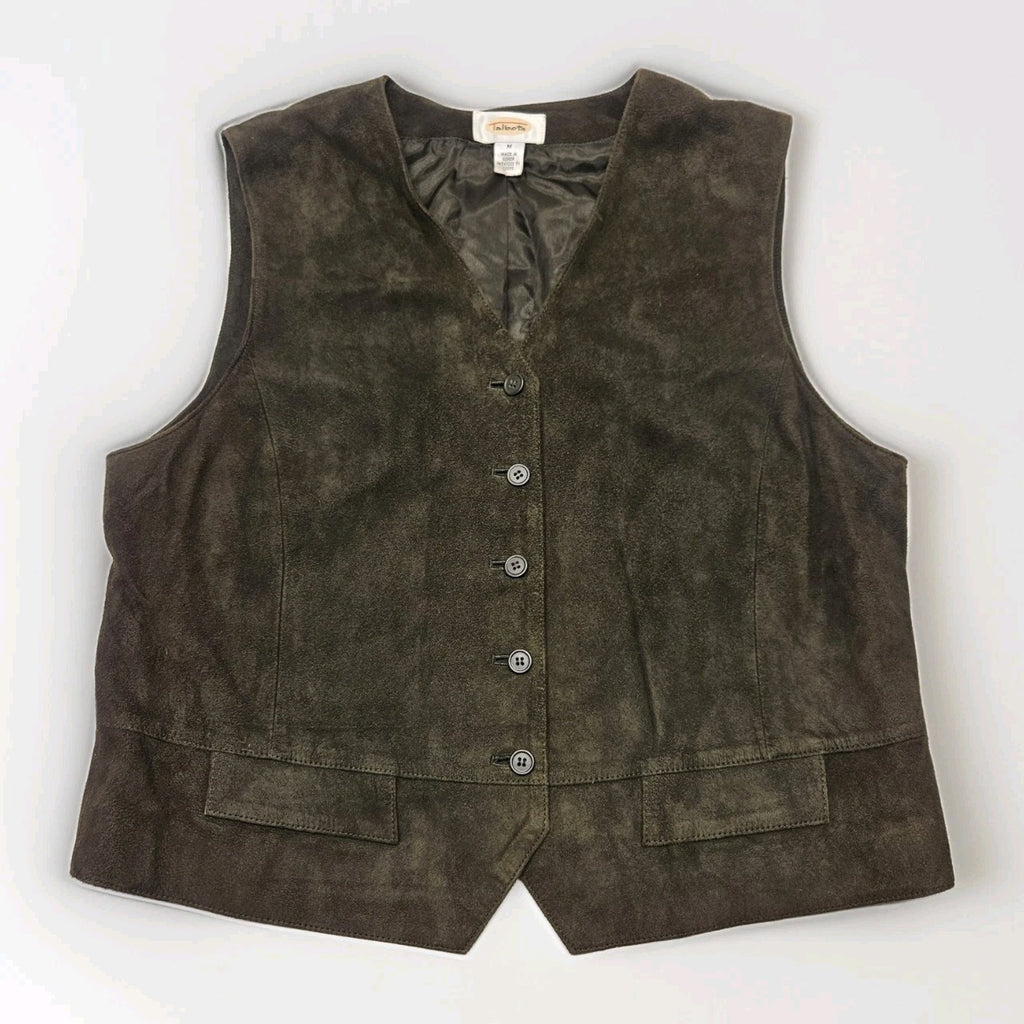 Vtg Talbots Suede Vest Womens Med Olive Green Button Front Preppy Army Western
