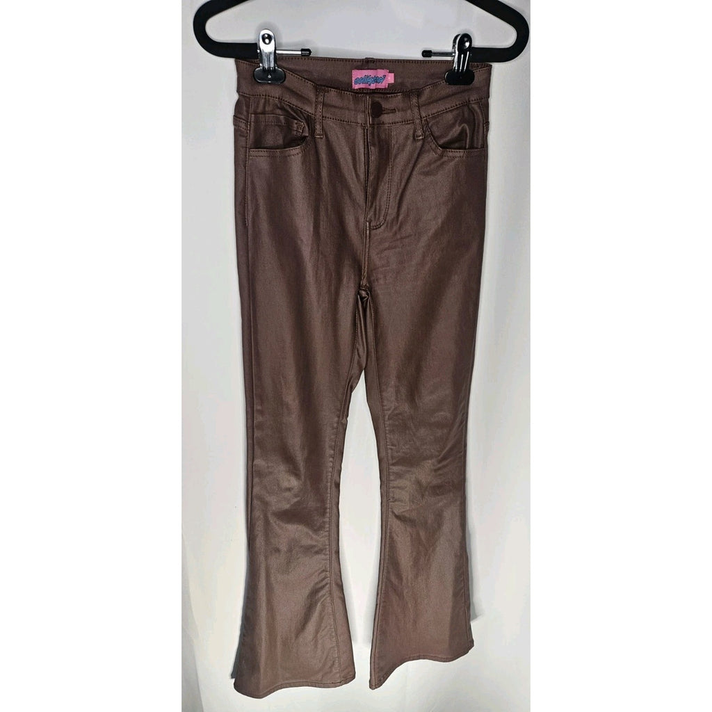 Edikted Women's Brown Shiny Denim Pant Flared Jeans High Rise Small Y2K Stretch