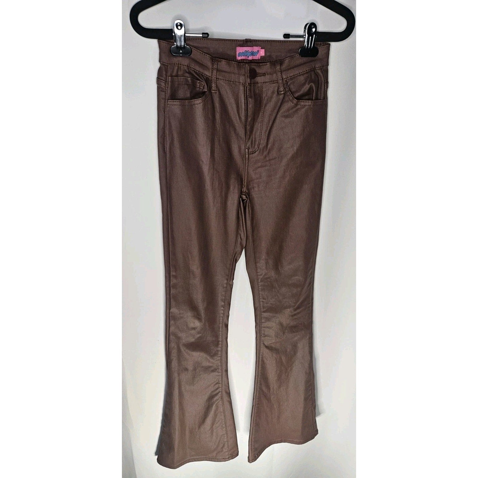 Edikted Women's Brown Shiny Denim Pant Flared Jeans High Rise Small Y2K Stretch