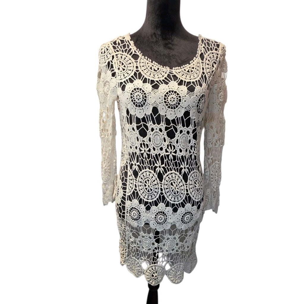 Y2K Open Knit Crochet Lace Mini Dress Cream Bohemian Beach Hippie Festival Small