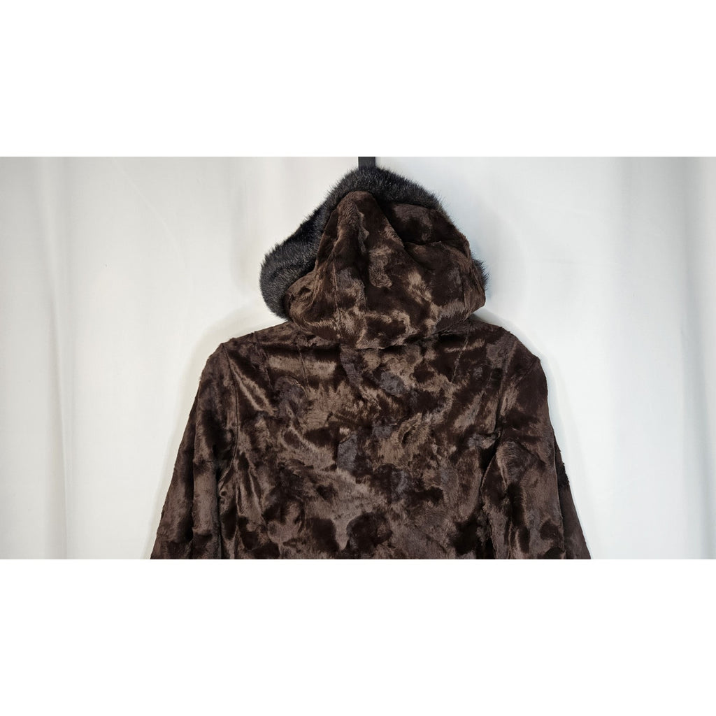 Vintage Union Made Faux Fur Coat Chocolate Brown Mod Full Length Size Small Glam