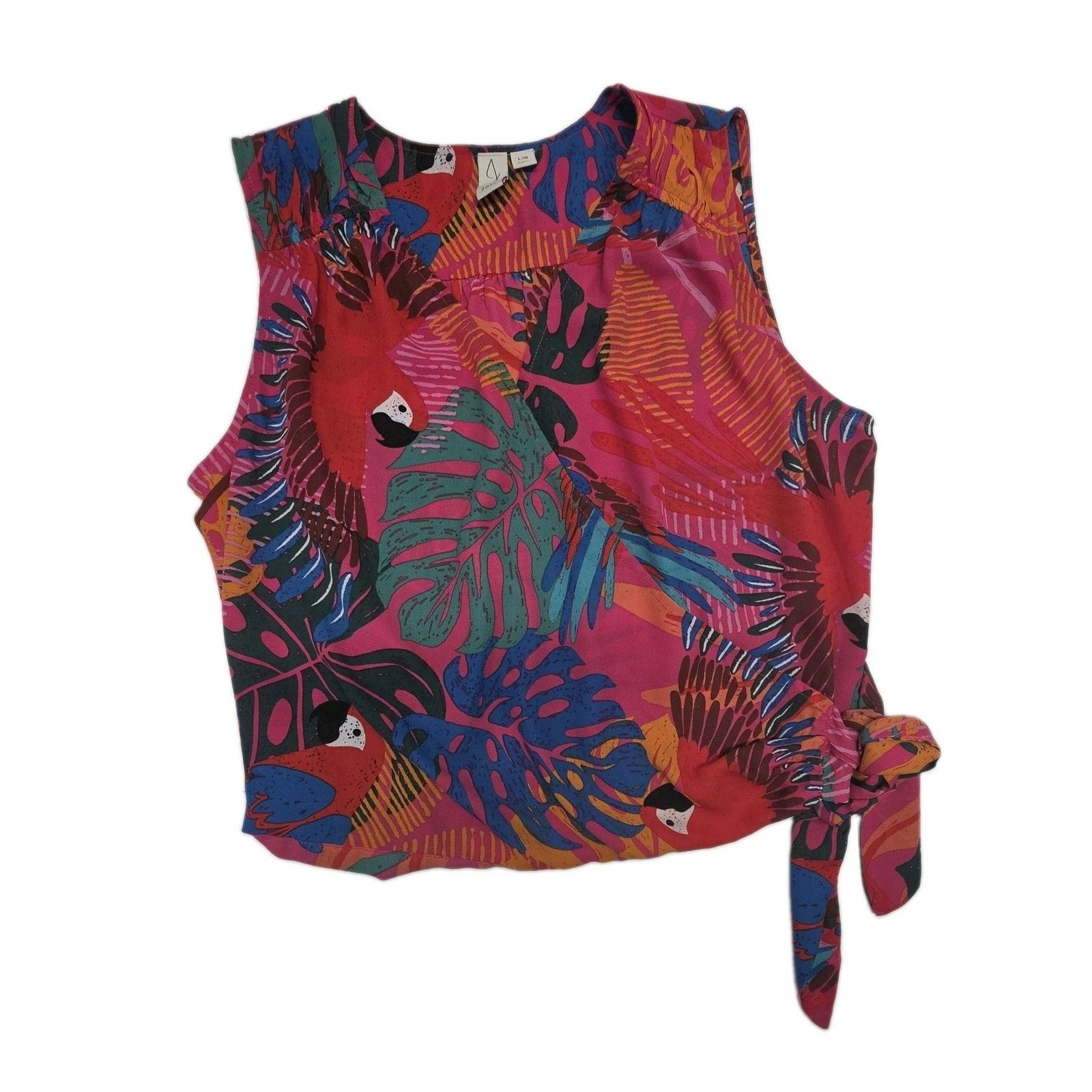 Joie Tropical Print Button and Tie Front Cropped Puff Sleeve Blouse Sz L Resort