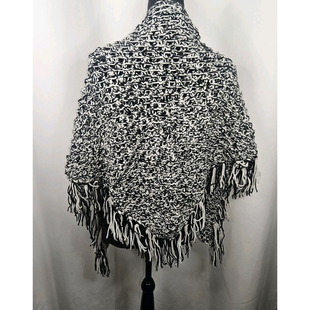 Handmade Knit Sweater Cape One Size Black White Open Front Draped Fringe Hippie